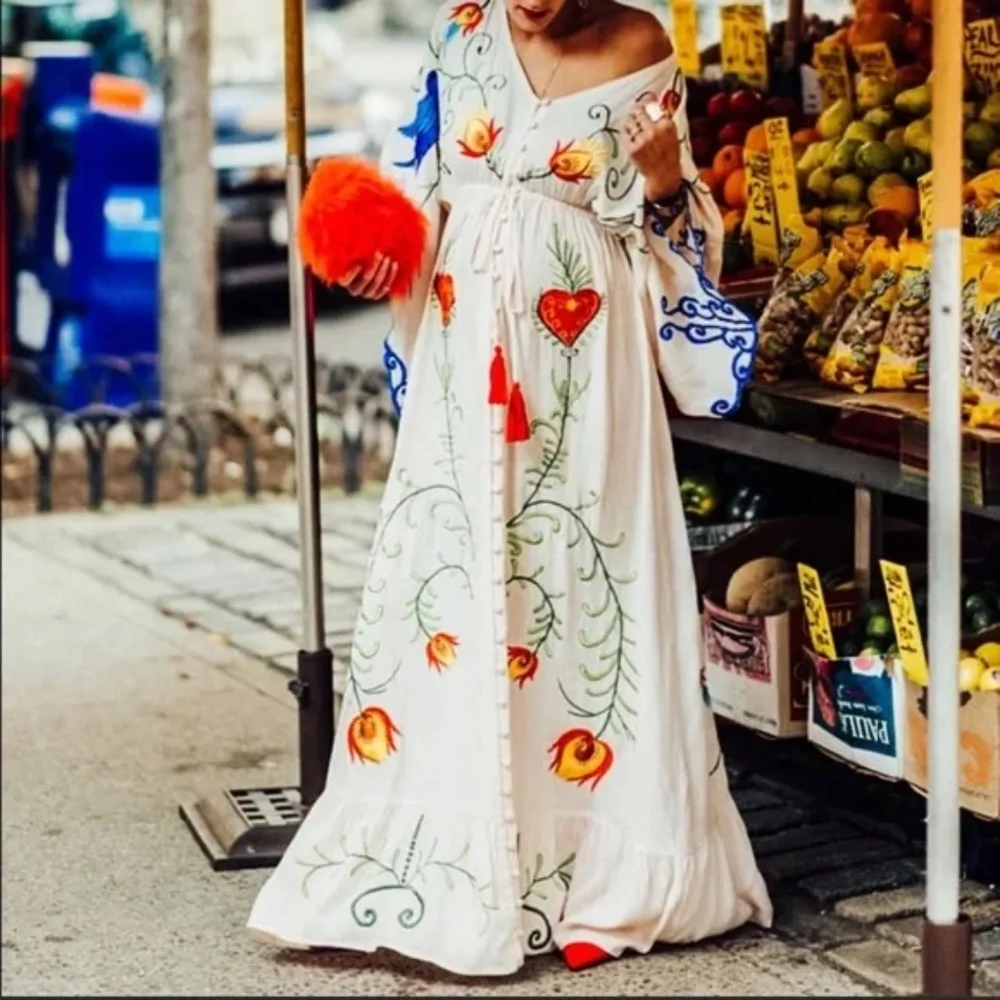 Boho Embroidered Hearts Floral Birds Long Maxi Kimono Dress - Picture 2 of 16